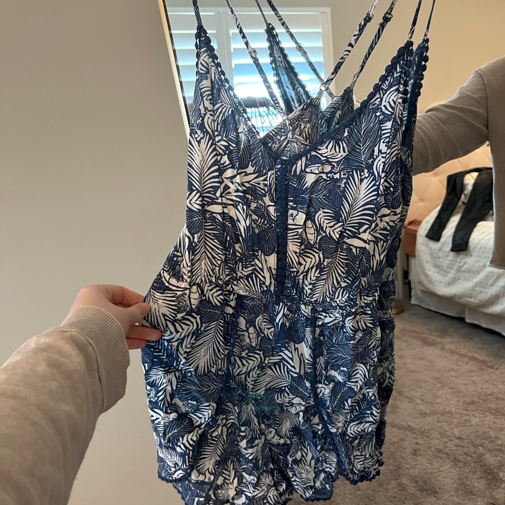 Beachy blue and white ROMPER. Cute for coverup. Palm print